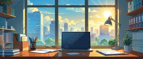 cartoon Quiet office space with laptop and planner on desk under morning sun anime illustration art design