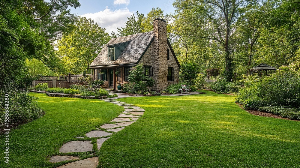 Beautiful green backyard with a quaint stone path curving toward the house, sunny day, sharp details, balanced composition, and inviting tones. Beautiful green backyard with a quaint stone path curving toward the house, sunny day, sharp details, balanced composition, and inviting tones.