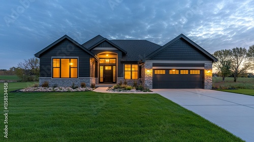 Beautiful new house at dusk, windows and front door glowing warmly, garage door light illuminated, vibrant green grass in the yard, soft blue evening sky, inviting and crisp.  