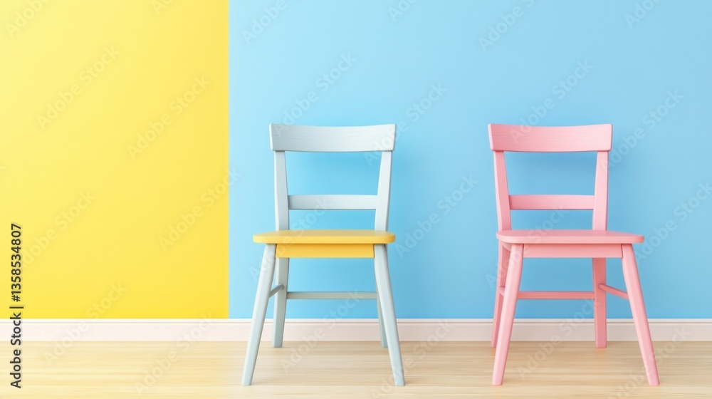 Fototapeta premium Pastel Chairs Against a Two-Toned Wall