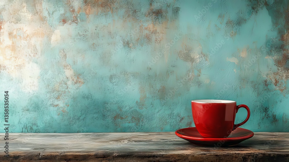 A Red Cup on Rustic Wooden Table Against a Teal Wall Background A Red Cup on Rustic Wooden Table Against a Teal Wall Background
