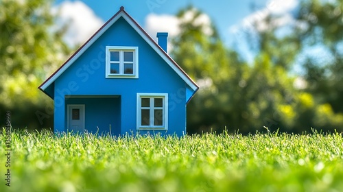 Wallpaper Mural Charming blue house framed with crisp white trim, vivid green lawn, clear sunny day, front view, sharp and vibrant composition.   Torontodigital.ca