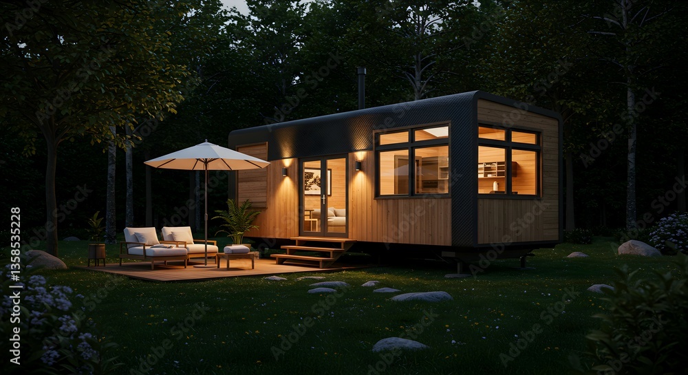 Tiny House in Woods at Night Peaceful Cabin Retreat Tiny House in Woods at Night Peaceful Cabin Retreat