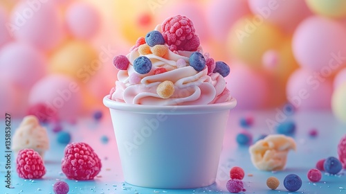 Fresh ice cream and vibrant celebration of national frozen yogurt day with colorful toppings. , 8k Resolution