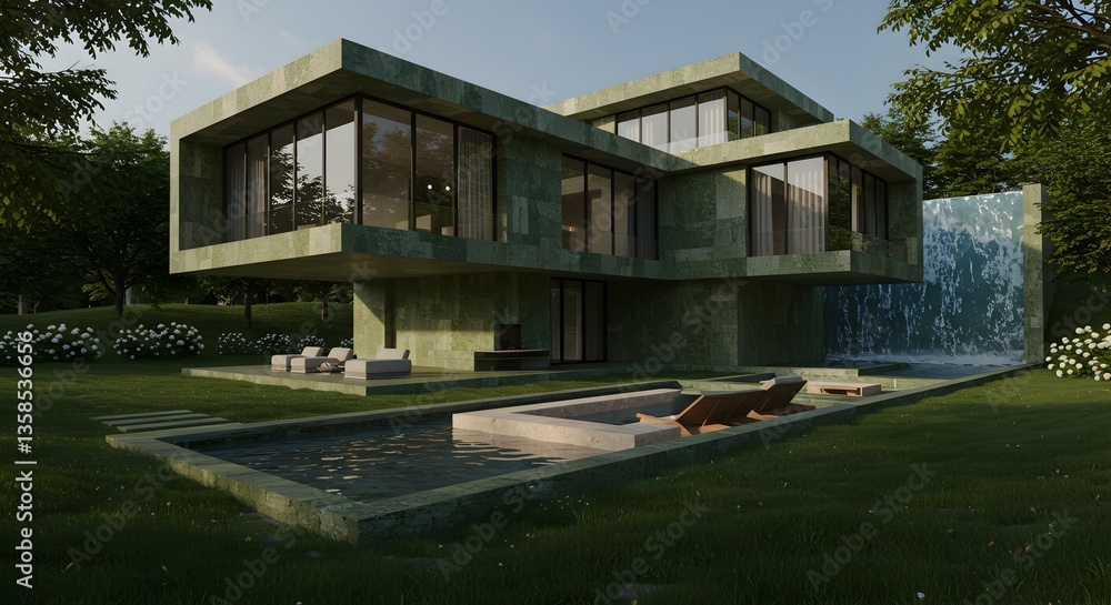 Modern Green House with Waterfall and Pool Modern Green House with Waterfall and Pool