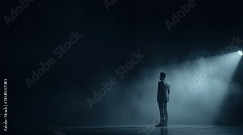 A man in formal attire stands still on a stage. He is bathed in a bright spotlight against a dark and smoky backdrop creating a somber mood