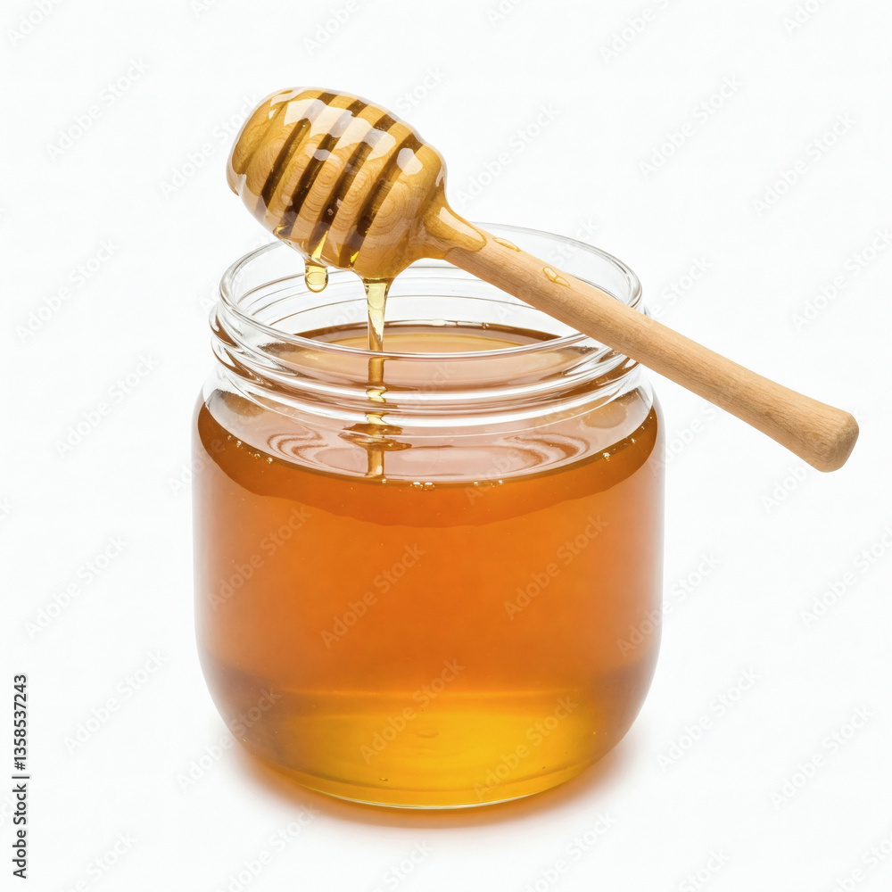 Honey dripping from a wooden honey dipper in a jar isolated on white background Honey dripping from a wooden honey dipper in a jar isolated on white background