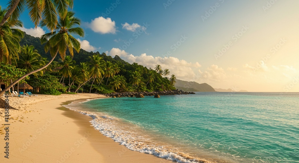 tropical beach with palm trees, Beautiful beach with palms and turquoise sea for vacation tropical beach with palm trees, Beautiful beach with palms and turquoise sea for vacation