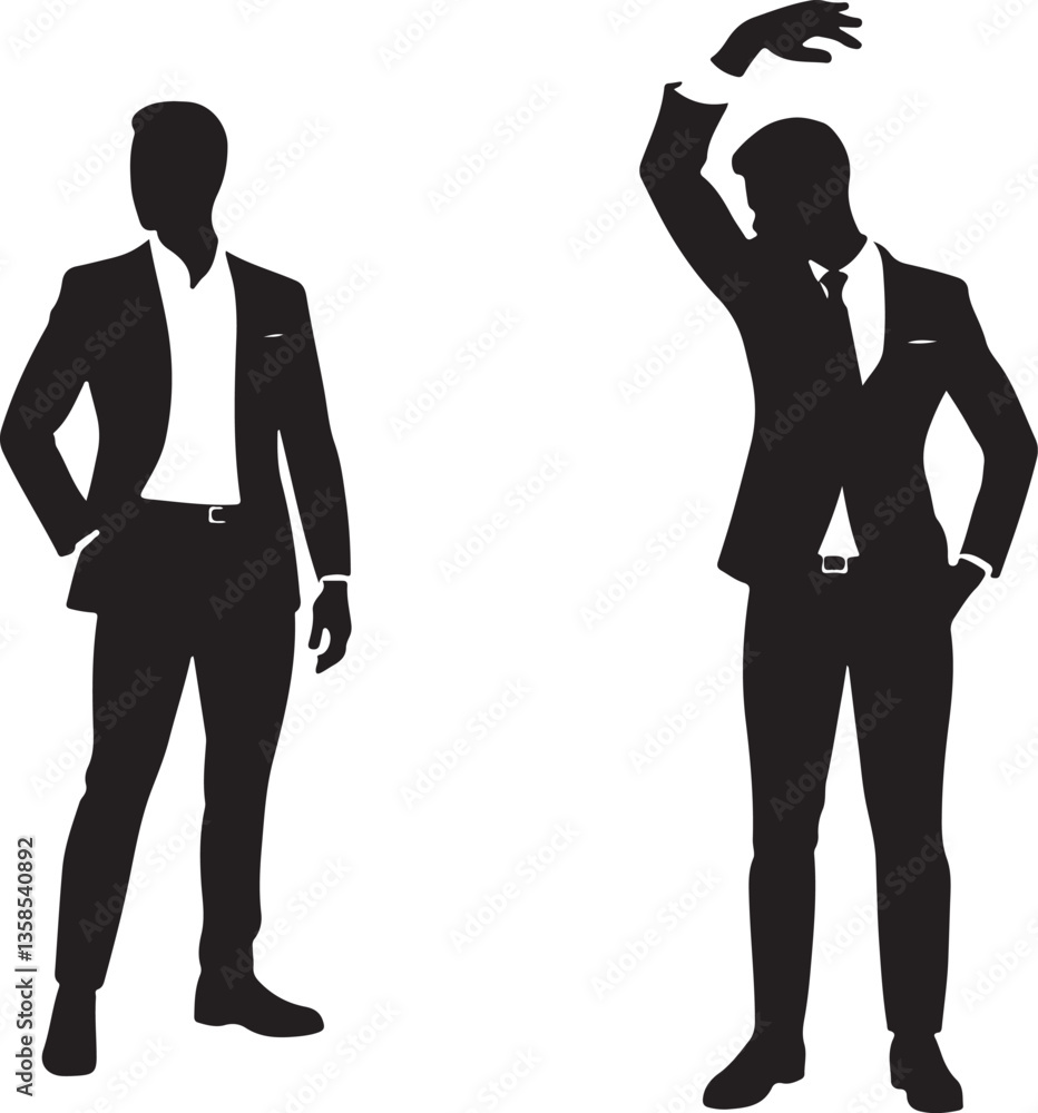 Silhouette Duo: Two elegant male silhouettes in stylish suits strike poses, portraying refined sophistication and confidence. The contrast between light and shadow highlights their form. Silhouette Duo: Two elegant male silhouettes in stylish suits strike poses, portraying refined sophistication and confidence. The contrast between light and shadow highlights their form.