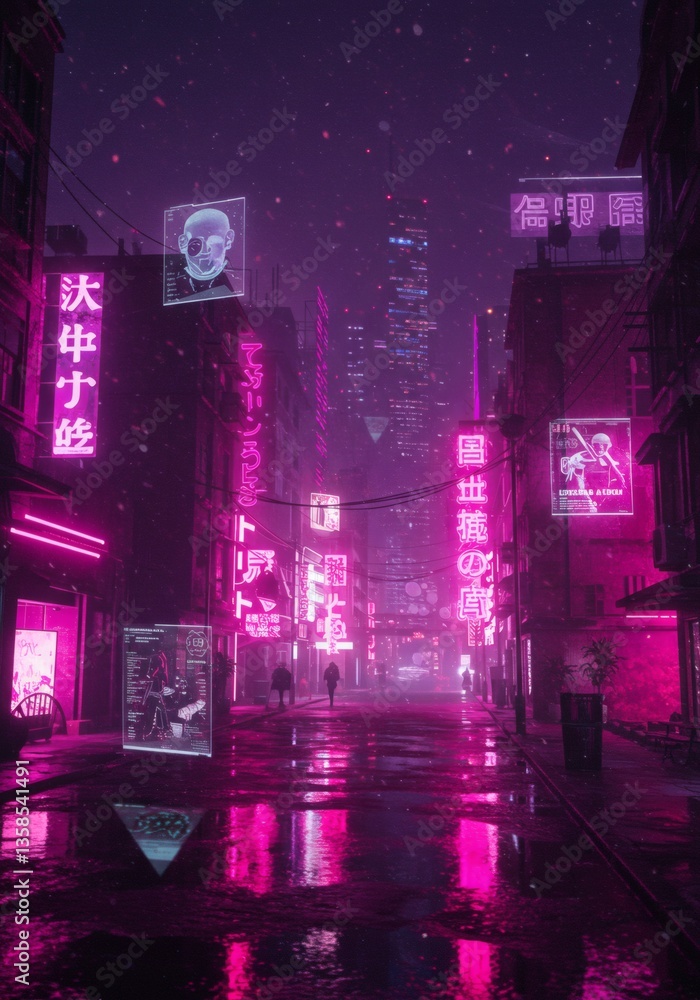 Fototapeta premium A futuristic city at night, with buildings lit by neon lights in vibrant shades of pink and purple. The streets are wet, reflecting the bright lights, and the sky is dark, with a touch of deep purple