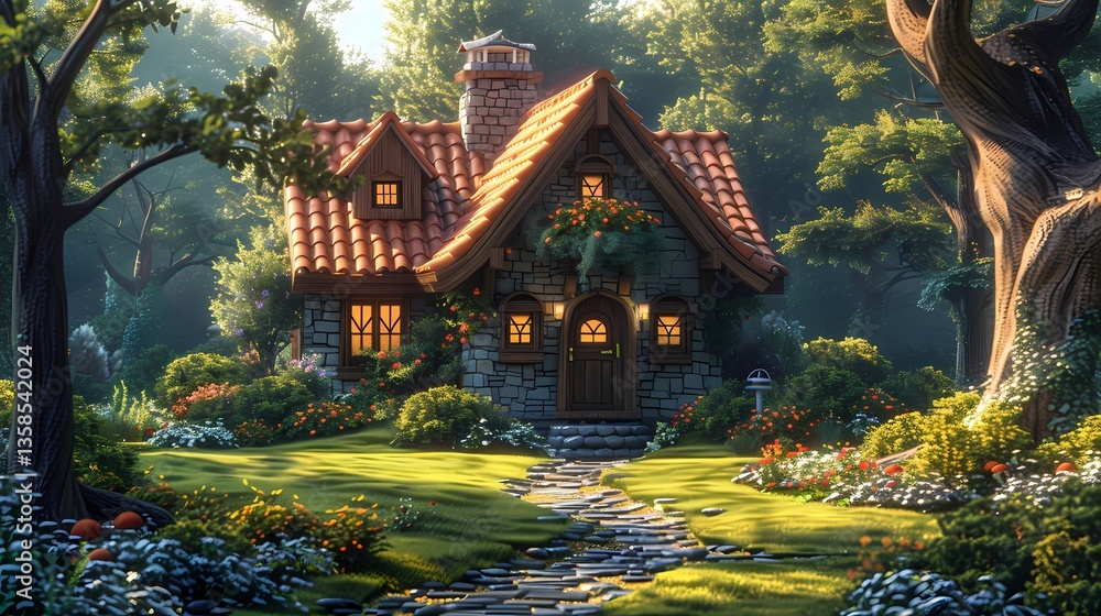 Obraz premium Charming Cottage in the Woods: A picturesque stone cottage with a red-tiled roof nestled in a lush, sun-dappled forest, exuding warmth and tranquility.