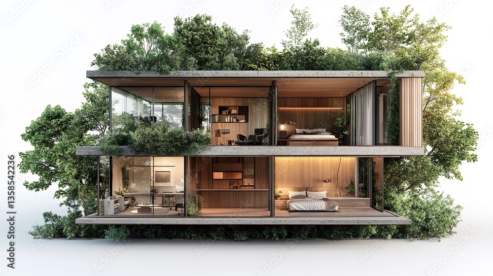 Cross-section showing modern sustainable home, stylishly cozy interiors including bedroom, living room, workspace, greenery-filled exterior, bright daylight Cross-section showing modern sustainable home, stylishly cozy interiors including bedroom, living room, workspace, greenery-filled exterior, bright daylight