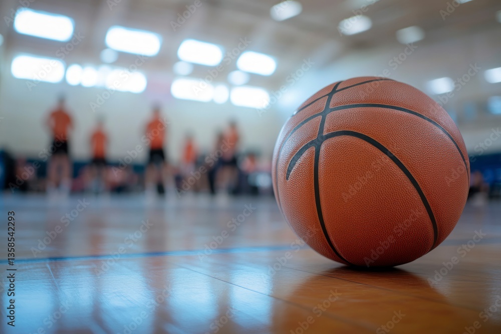 Basketball Sitting on Court with Players Practicing in the Background Basketball Sitting on Court with Players Practicing in the Background