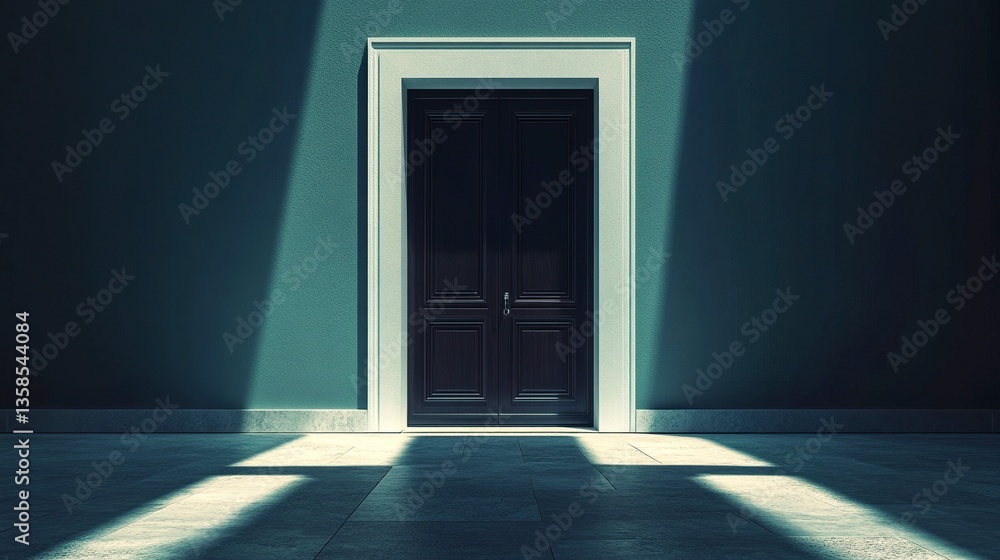 Elegant entrance to a modern house, sharp geometric design, dark wooden door, clean pathway, bright natural light, frontal perspective Elegant entrance to a modern house, sharp geometric design, dark wooden door, clean pathway, bright natural light, frontal perspective