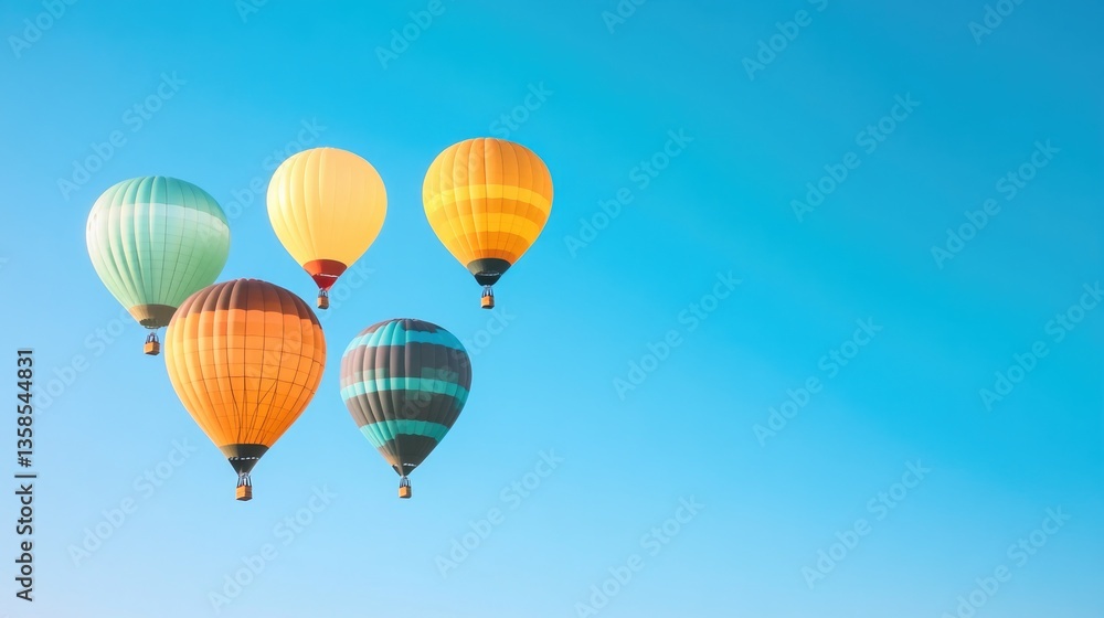Naklejka premium cluster of vibrant hot air balloons ascending into clear sky leaving ample space for text on right