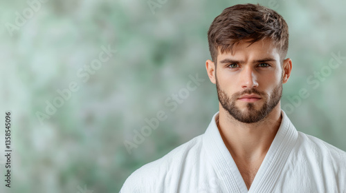 man in white martial arts uniform stands confidently against blurred background