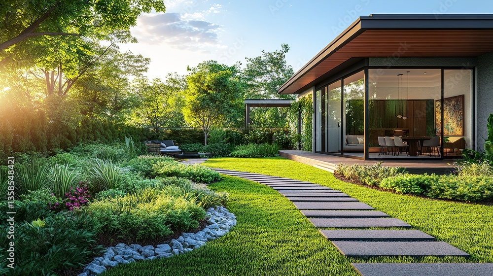Fototapeta premium Lush backyard garden with manicured grass, a small stone pathway leading to a modern house, sunny skies, slight wide-angle view, natural lighting