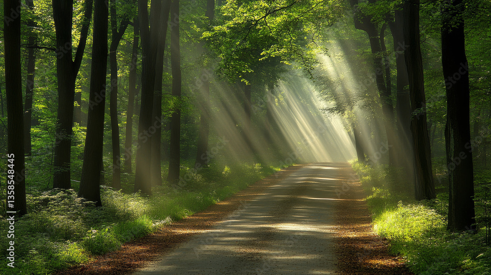 Fototapeta premium Sunlight filters through serene forest path