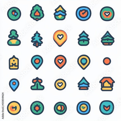 A vibrant collection of diverse icons featuring various shapes and sizes, including circles, squares, and stars, each adorned with bright colors like red, blue, green, and yellow.