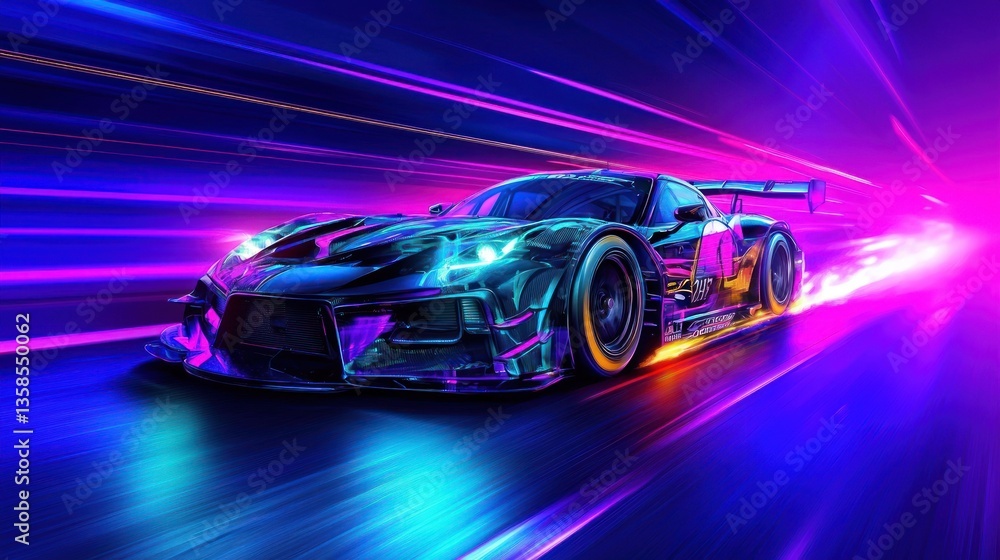 Neon Nights: A Futuristic Race Car Speeds Through a Vibrant Light Tunnel Neon Nights: A Futuristic Race Car Speeds Through a Vibrant Light Tunnel