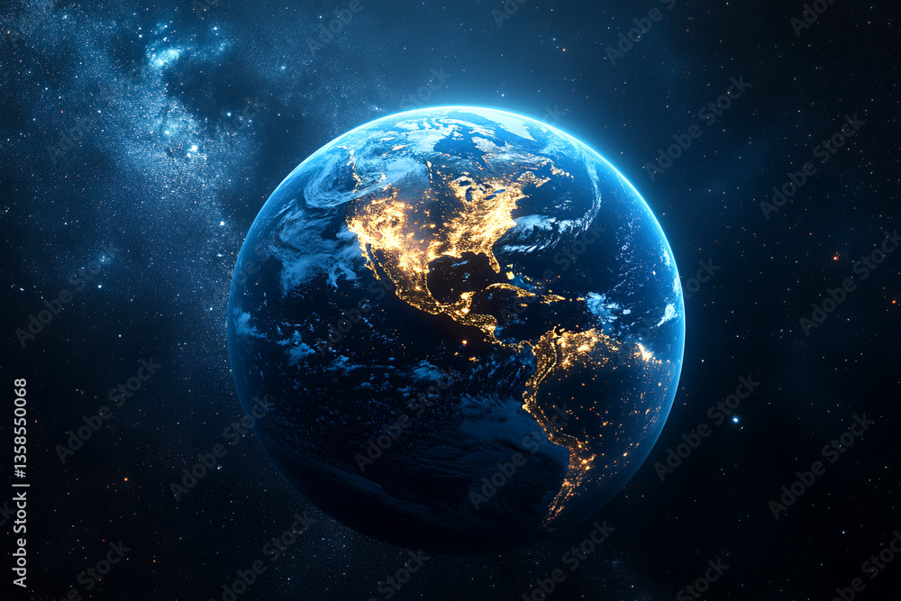 Fototapeta premium Stunning Night View of Earth from Space Showing City Lights and Starry Galaxy