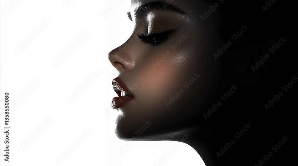 Elegant Profile Portrait of a Woman with Glossy Lips and Subtle Sparkle in Dim Lighting Elegant Profile Portrait of a Woman with Glossy Lips and Subtle Sparkle in Dim Lighting