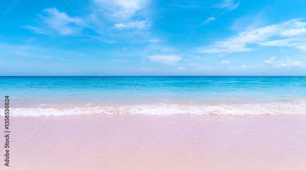 Obraz premium Beach with Pink Sand and Turquoise Water Under a Bright Blue Sky Perfect Vacation
