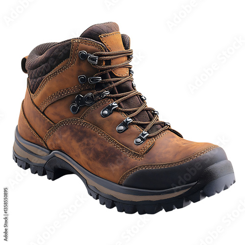 Trendy Brown Hiking Boots with Rugged Sole Lace Isolated on Transparent Background