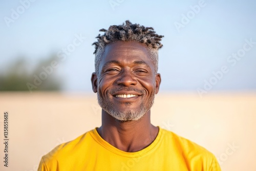 serene portrait of happy migrant in shelter or school setting with minimalistic design and bright composition featuring