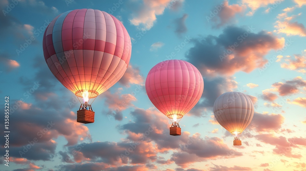 Naklejka premium Hot air balloons soar through a vibrant sunset sky