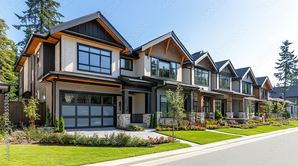 Modern community with streamlined architectural designs, neutral colors, well-kept lawns, bright natural light, and clear blue skies, perfect for real estate ads. Modern community with streamlined architectural designs, neutral colors, well-kept lawns, bright natural light, and clear blue skies, perfect for real estate ads.