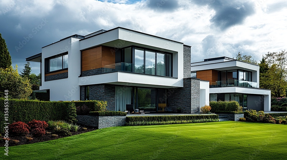 Modern detached houses in Manchester, contemporary designs with neutral tones, tidy front lawns, and a cloudy UK sky, wide-angle perspective, inviting tones.