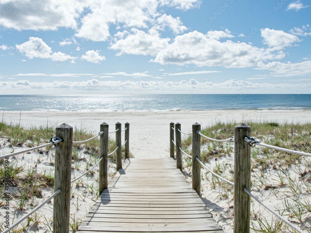 Fototapeta premium A wooden boardwalk leads to a serene beach, sunlight cast on the sand dunes, full of natural beauty.
