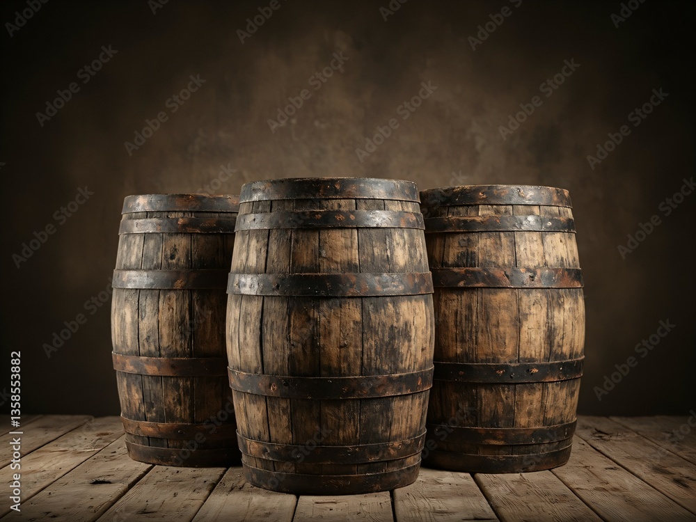 Three wooden barrels are neatly arranged on a wooden floor, showcasing a vintage texture. Three wooden barrels are neatly arranged on a wooden floor, showcasing a vintage texture.
