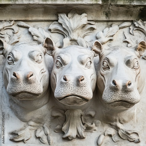 Three carved hippo heads on stone wall decoration