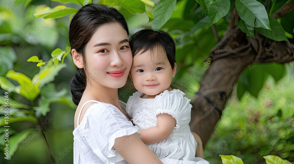 A mother and baby smiling together in a garden environment A mother and baby smiling together in a garden environment