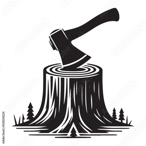 Axe Embedded in Tree Stump Silhouette Ideal for Woodworking and Forestry