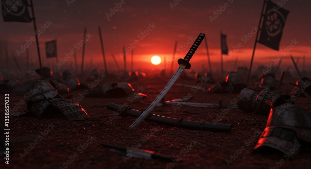 Fototapeta premium Samurai Katana Sunset Battlefield Fallen Warriors