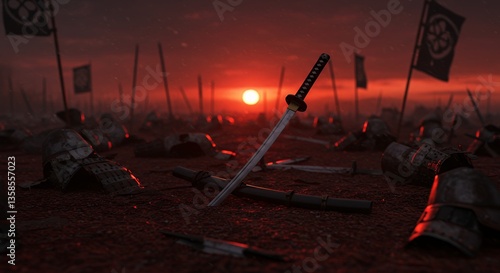 Samurai Katana Sunset Battlefield  Fallen Warriors