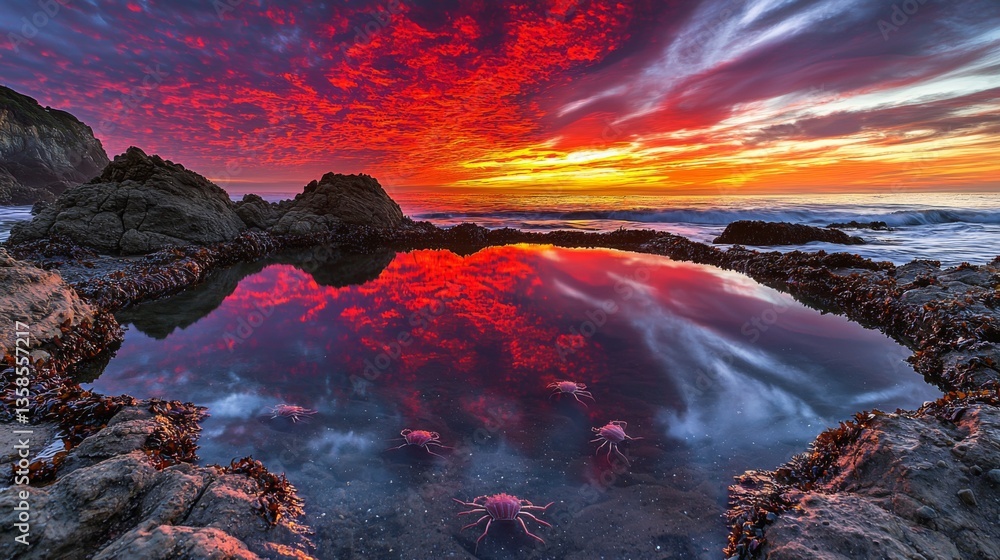 Naklejka premium Serene Sunset Over Rocky Shoreline with Tide Pool and Crimson Sky Reflections in Calm Ocean Water