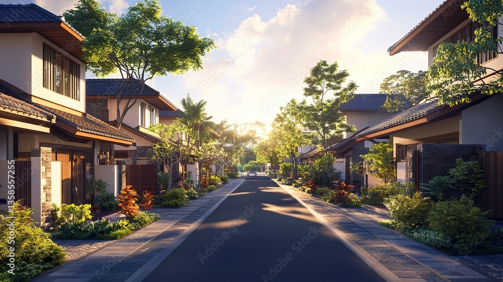 Peaceful residential street with modern and traditional houses, vibrant green yards, and clear skies, soft natural lighting creating a cozy and serene ambiance. Peaceful residential street with modern and traditional houses, vibrant green yards, and clear skies, soft natural lighting creating a cozy and serene ambiance.