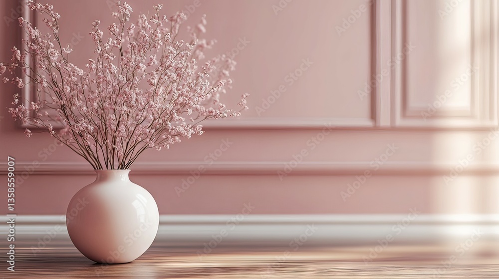 Fototapeta premium Serene Pink Floral Still Life: Delicate Pink Flowers in a Modern White Vase against a Rose-Colored Wall