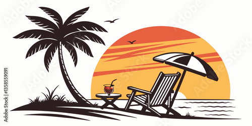 Silhouette of wooden chaise lounge, palm tree on beach. Umbrella and table with coconut and cocktail. Sea with sun. Sunset in tropical place. Vector illustration
