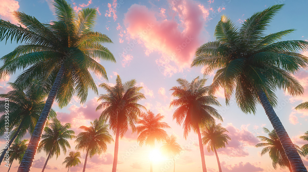 Obraz premium Palm trees at sunset, vintage California summer vibes