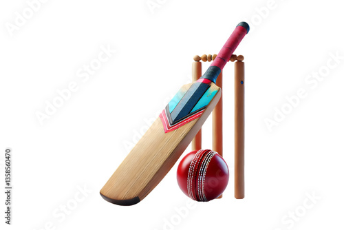 Cricket bat ball and stumps ready for action,