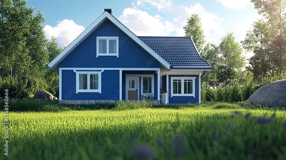Simple blue house outlined with white accents, grassy lawn, sunny skies, front-facing shot, natural light highlighting structure and textures. Simple blue house outlined with white accents, grassy lawn, sunny skies, front-facing shot, natural light highlighting structure and textures.