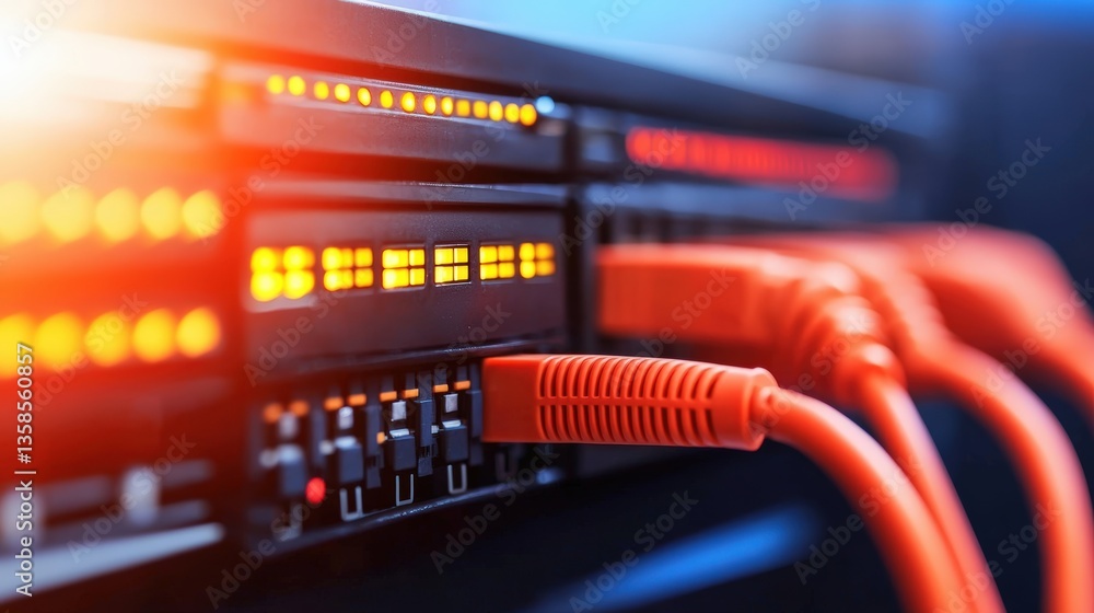 Naklejka premium High-speed internet network server rack with multiple orange fiber optic cables connected showing data transfer and connectivity in a modern data center.