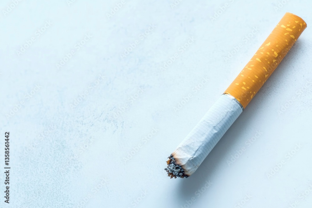 Obraz premium close-up of single unlit cigarette placed diagonally on plain white surface with ample copy space