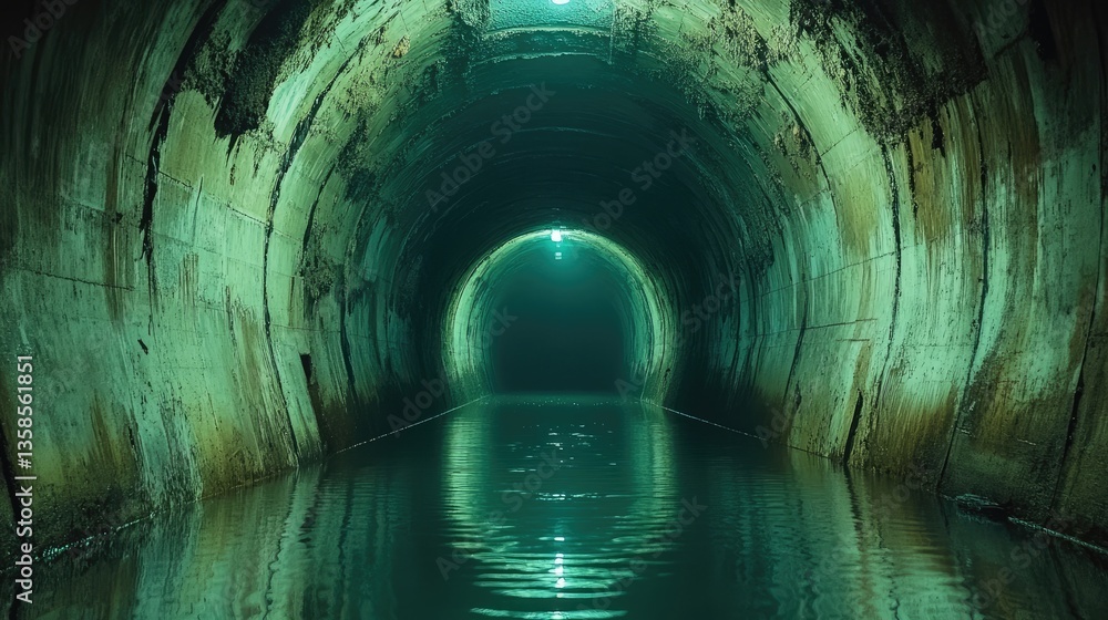Naklejka premium Dark, Watery Tunnel Interior; Reflective Water; Gloomy Atmosphere