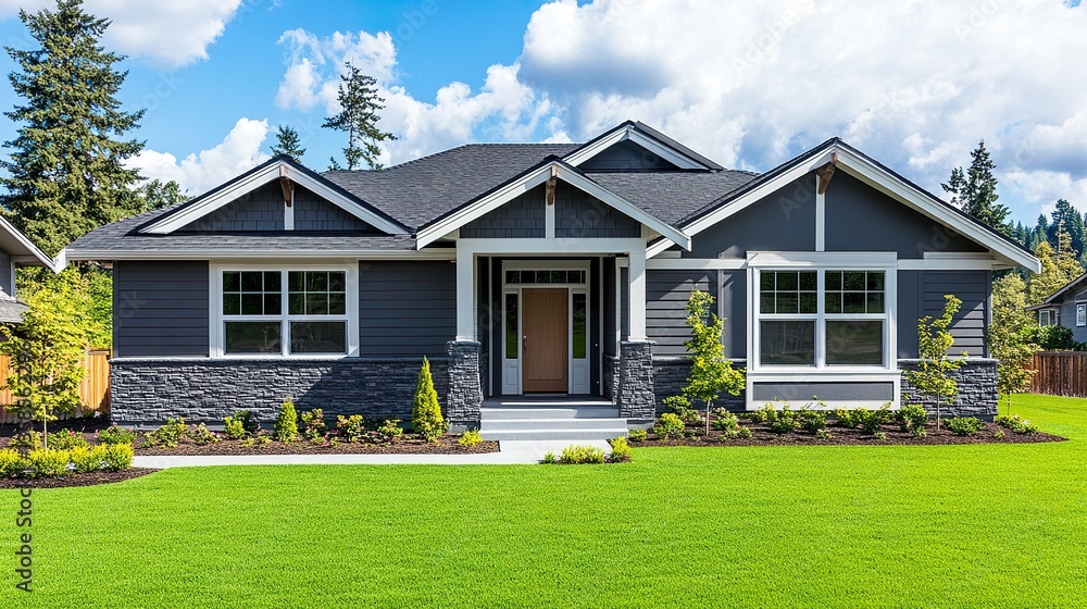 Obraz premium Small gray ranch-style house model, symmetrical facade with a central door, wide windows, and a neat yard, sunny day, sharp and minimalist composition. 